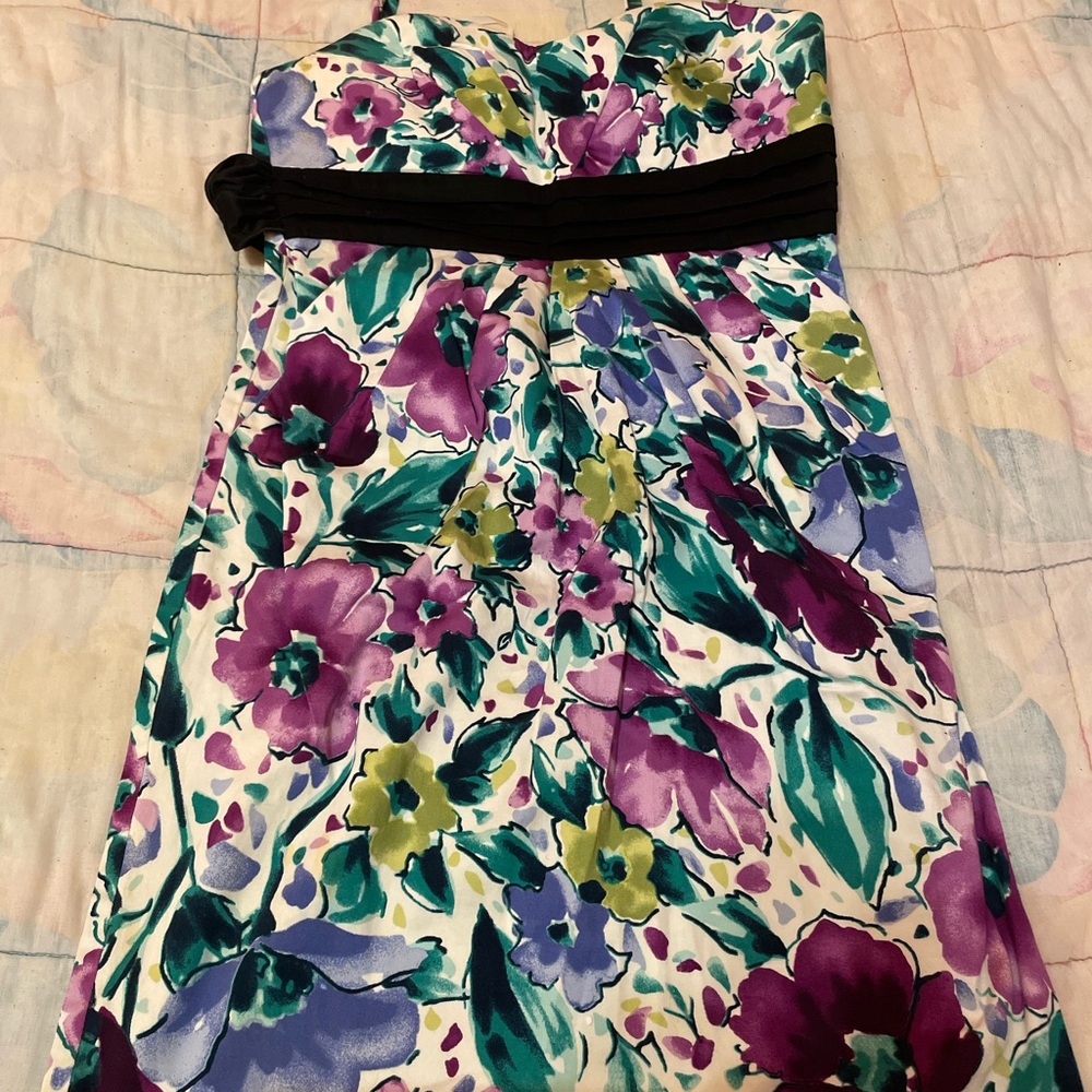 BCX Purple and Teal Floral Strapless Dress